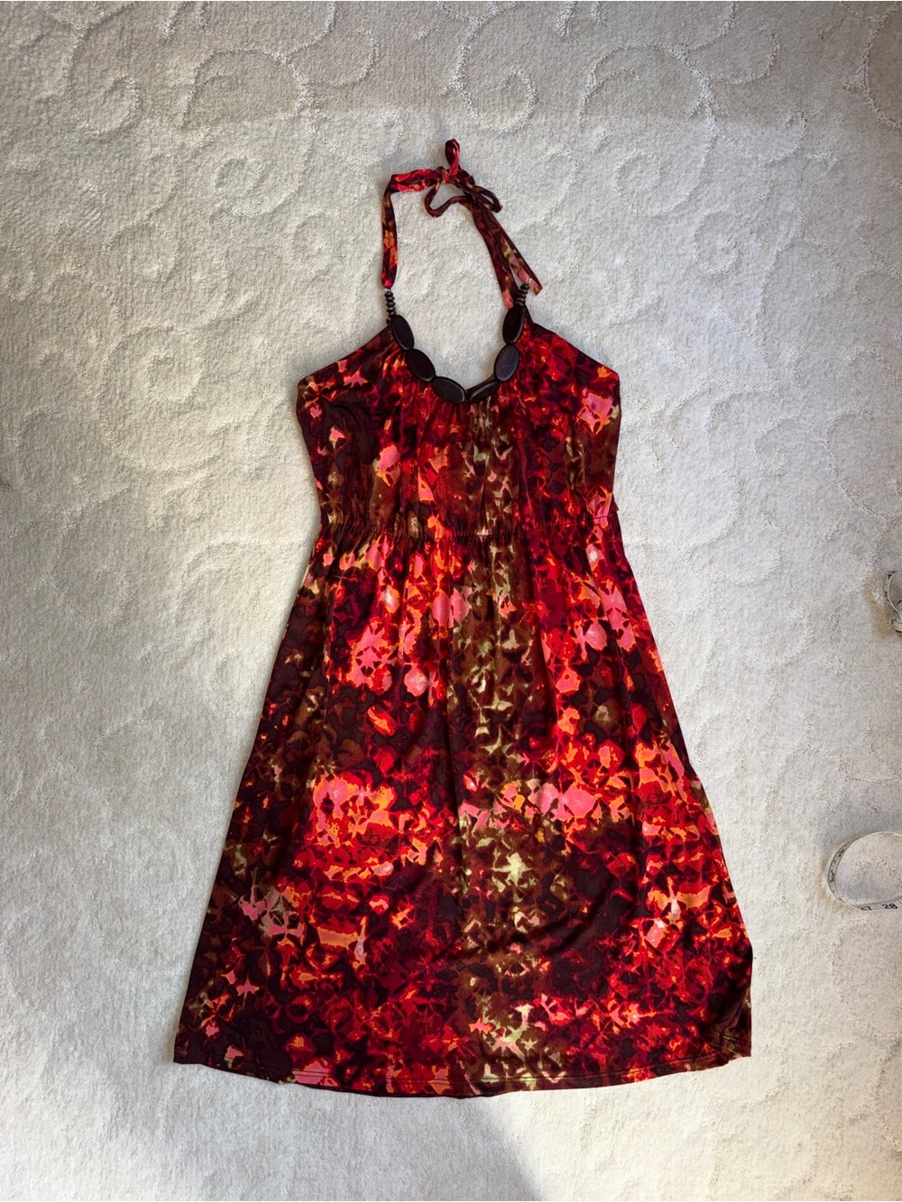 Red Floral Halter Sundress with Beaded Neckline